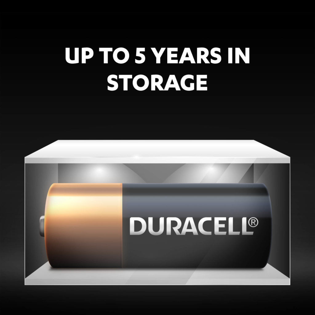 Unused specialty alkaline N size batteries stay fresh and powered for up to 5 years in ambient storage
